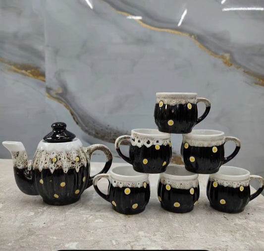 Midnight Bloom Ceramic Tea Set (6 Cups + 1 Kettle)